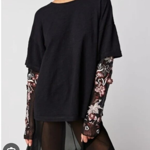 Free People Tops - Very Oversized Gardener Tee With Embroidered Mesh Sleeves (fits up to XL)